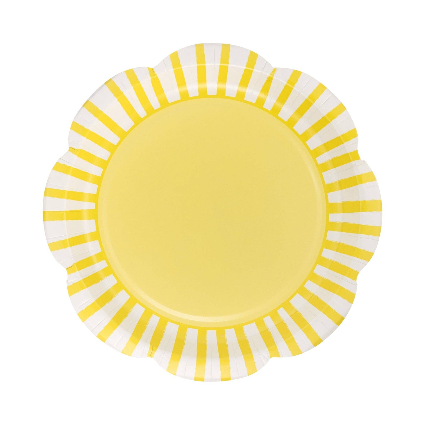 Yellow and white striped scalloped paper plate, ideal for cheerful summer parties, picnics, baby showers and more. Sold at our store and ships fast Canada wide.