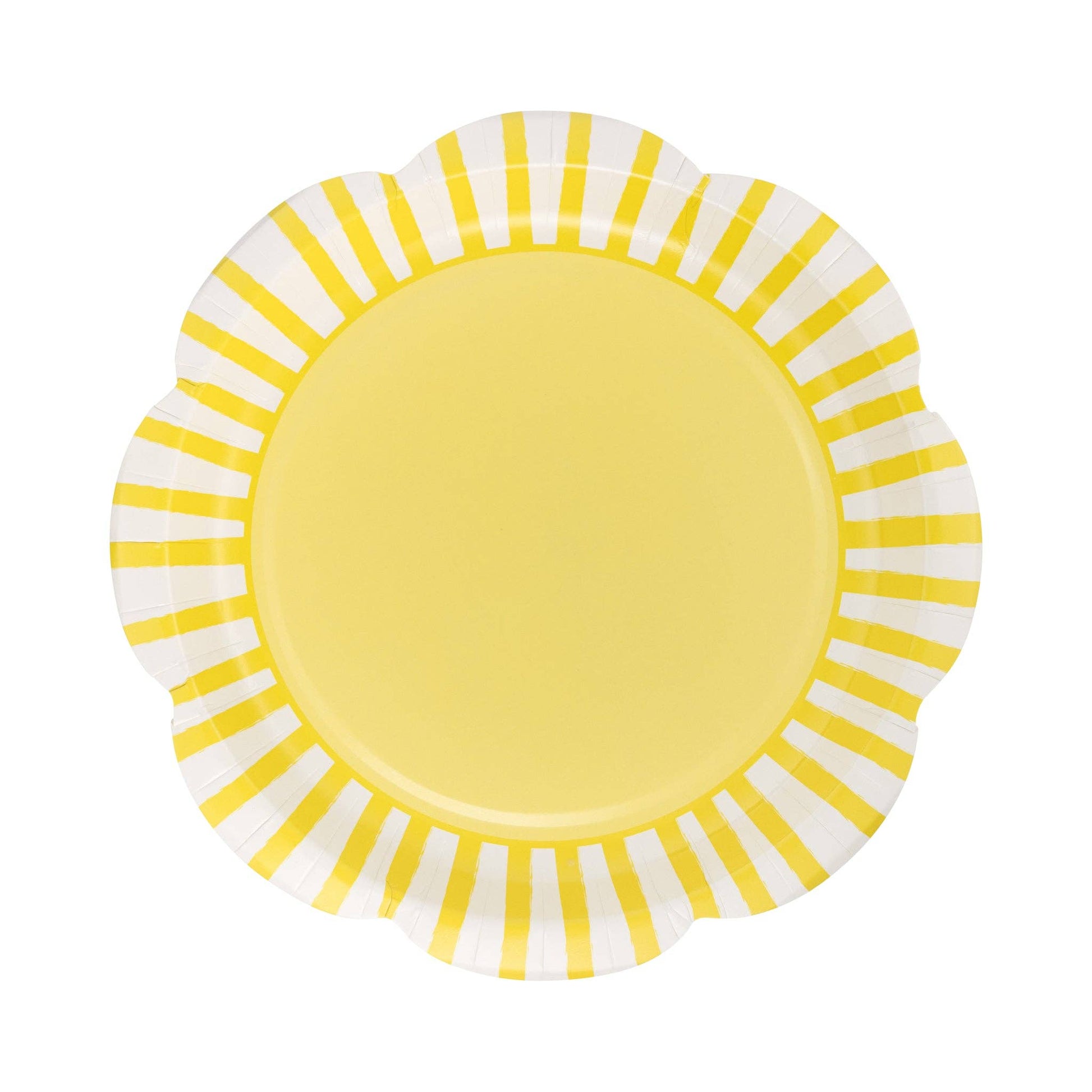 Yellow and white striped scalloped paper plate, ideal for cheerful summer parties, picnics, baby showers and more. Sold at our store and ships fast Canada wide.
