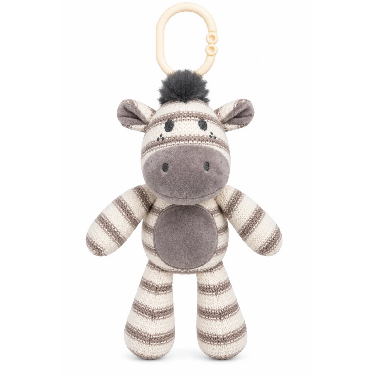 Cream and taupe striped zebra stroller plush toy with grey muzzle, fluffy mane and ivory attachment ring. Pick up in Toronto + Canada-wide shipping available.