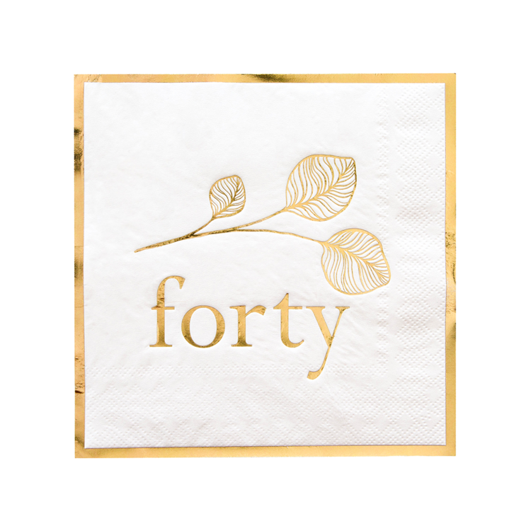large white napkins with 'forty' in gold foil detail
