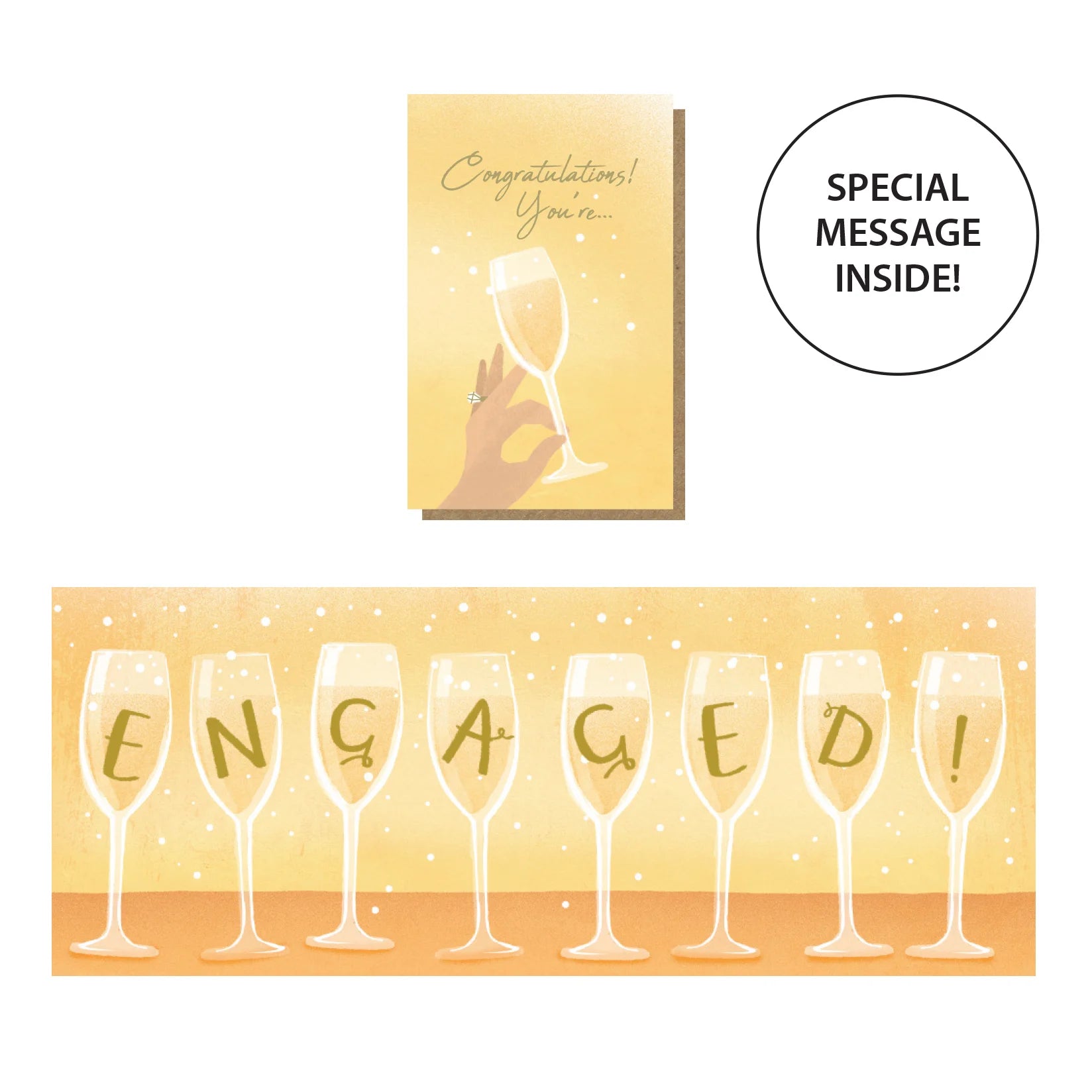 greeting card with message reading "congratulations you're engaged" with champagne glasses