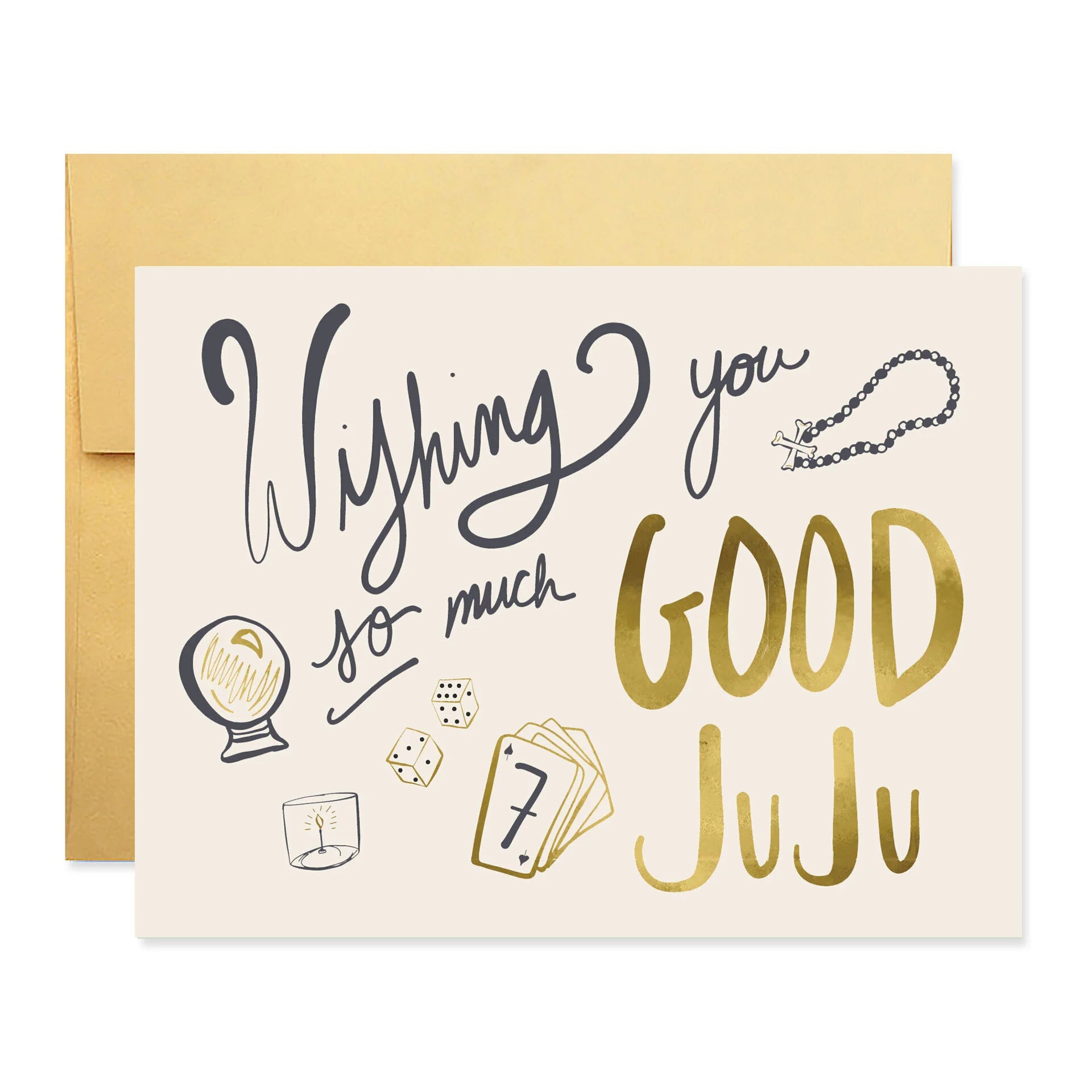 illustrated greeting card featuring gold foil accents