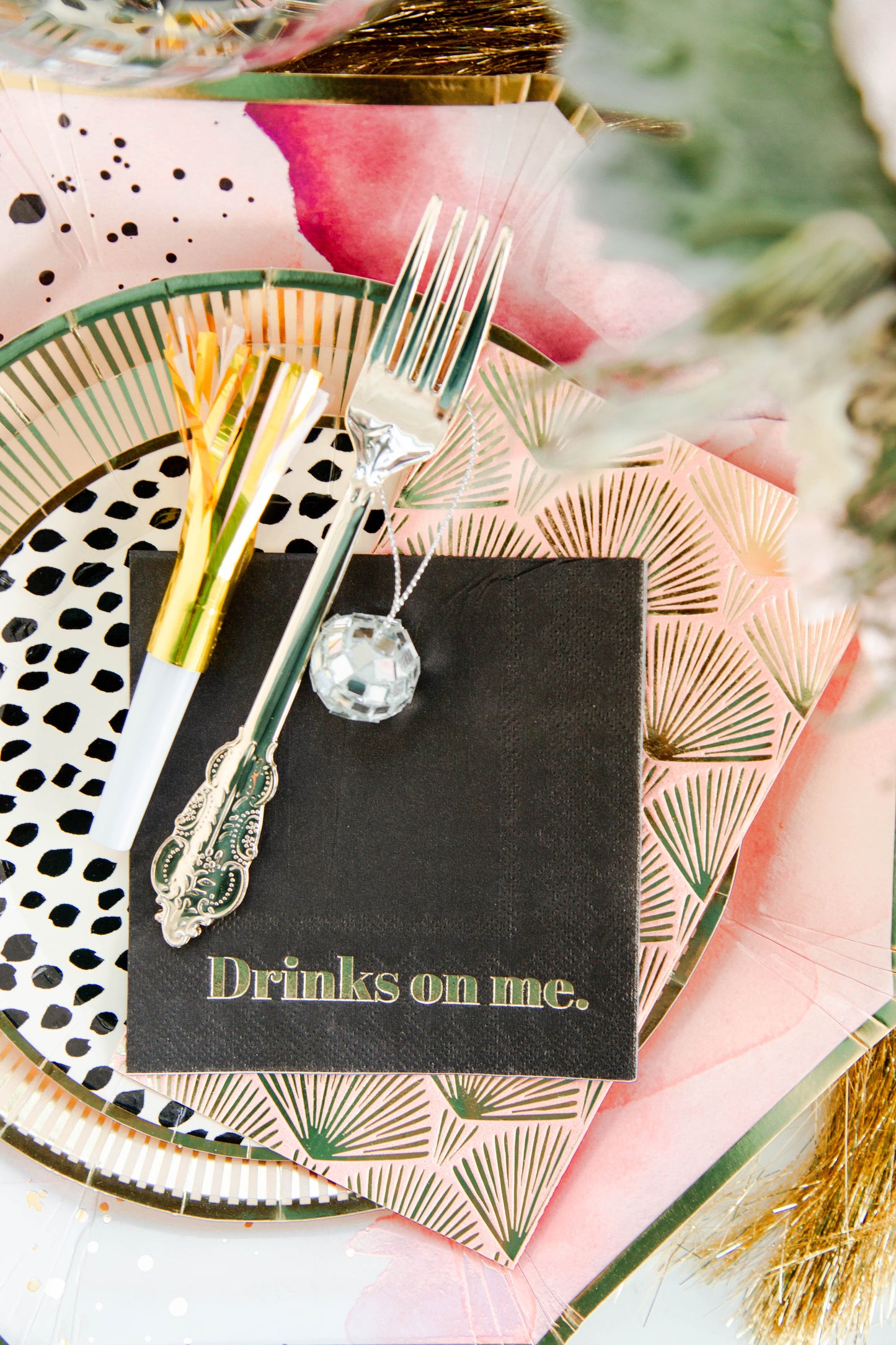 drinks on me black cocktail napkin with gold detail