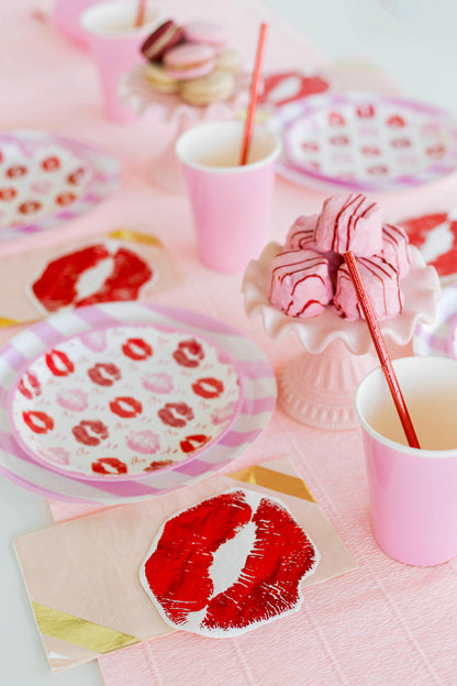 valentines setup - red lips napkin, pink and white striped plate