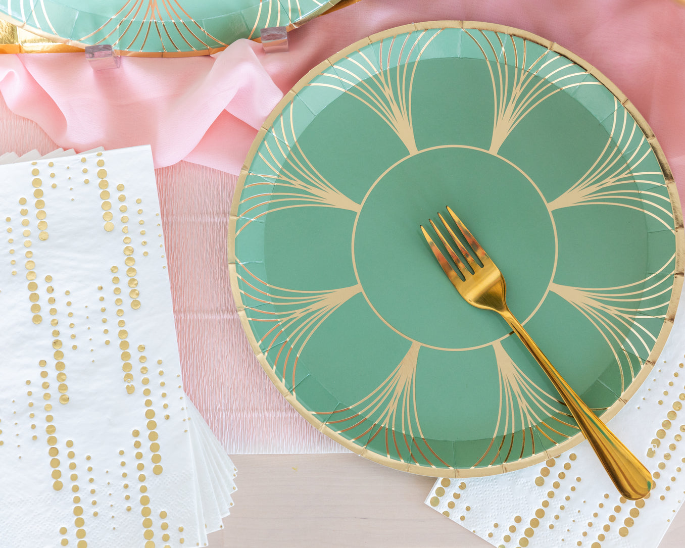 sage green paper plate with gold detail