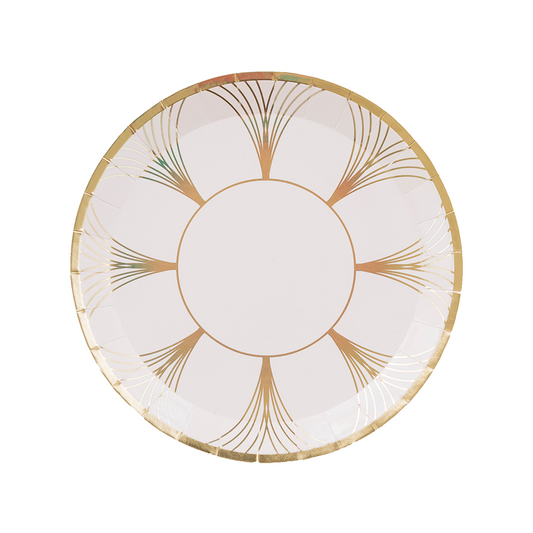 white dessert plate with gold detail from jollity & co's the gatz collection
