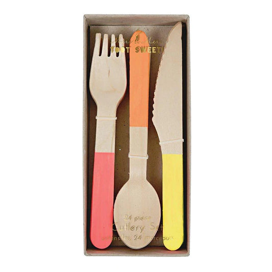 wooden cutlery set featuring neon painted handles