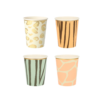 safari print paper cups - cheetah, zebra, tiger, giraffe