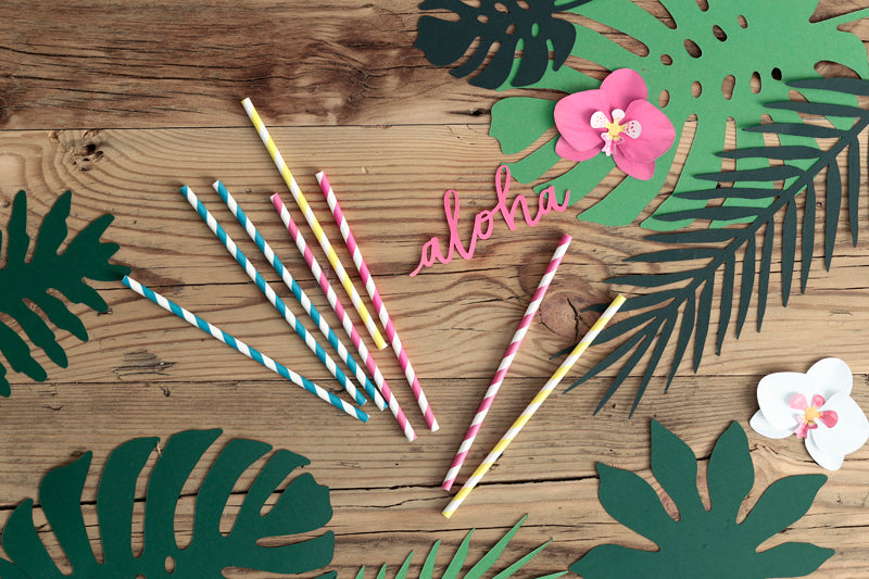 multi coloured paper straws on wooden table with tropical leaf cut outs