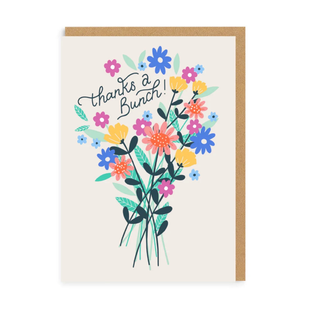 greeting card with floral bouquet and message "thanks a bunch"