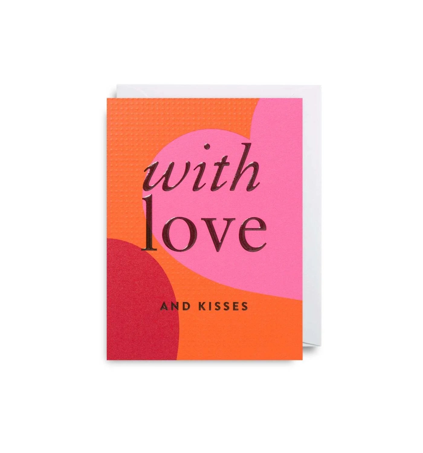 mini greeting card in red, pink and orange with message "with love and kisses"