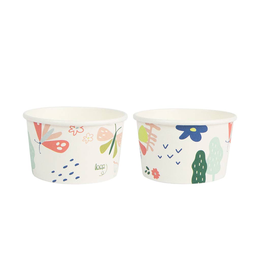 woodland themed ice cream cups with cute animals, insects, trees and flowers