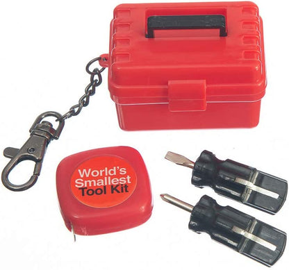 world's smallest toolkit with mini tool box, screwdrivers and measuring tape