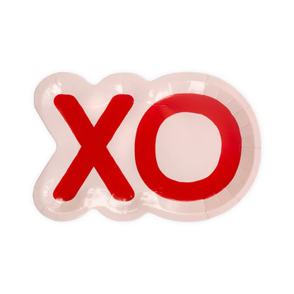 'xo' shaped paper plate in pink and red