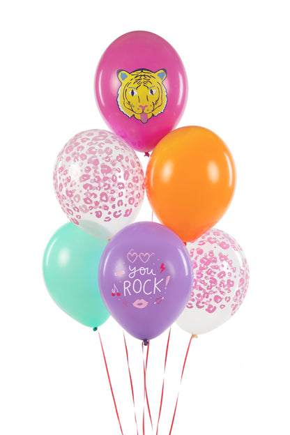 multi coloured helium balloons featuring a tiger, leopard print and "you rock"