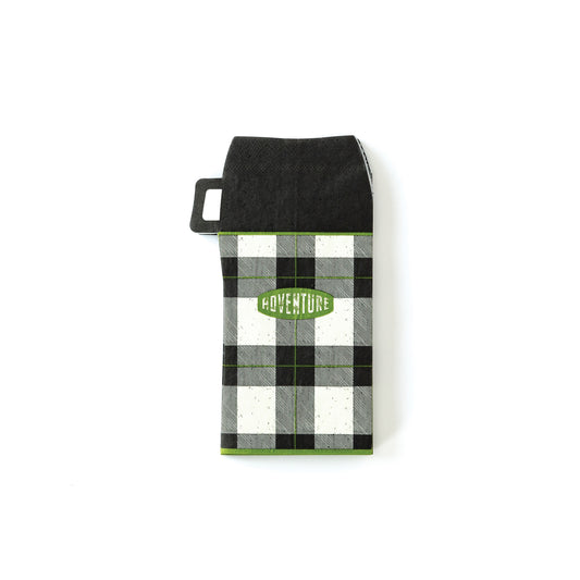 Black and white plaid thermos-shaped napkin with green “Adventure” label, perfect for camping-themed parties in Toronto.
