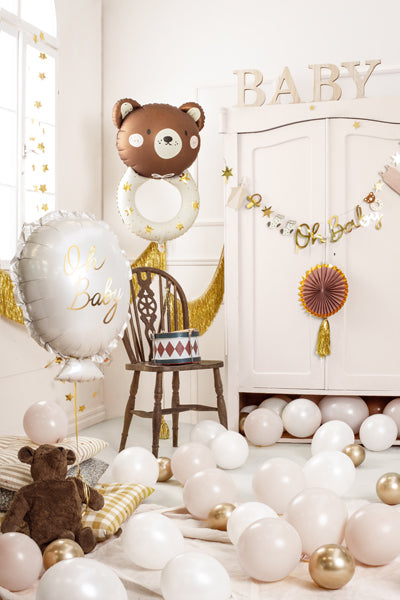 oh baby party inspo with balloons and oh baby garland