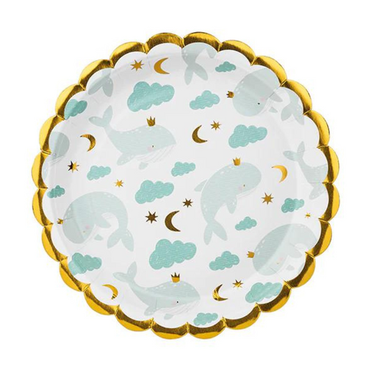 paper plates with gold scalloped rim and baby whale, star and cloud illustrations