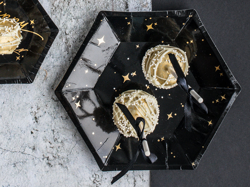 black and gold hexagon paper plates