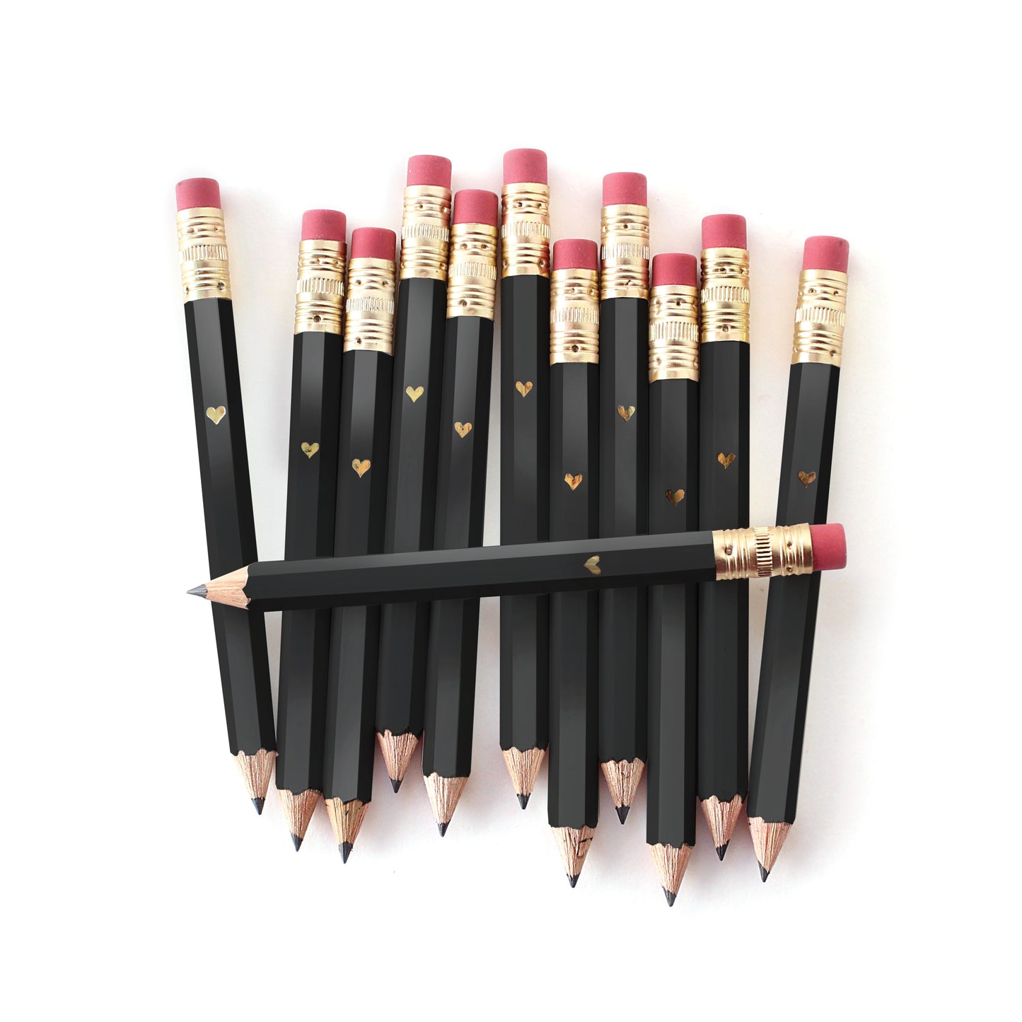 black mini pencils with gold hearts