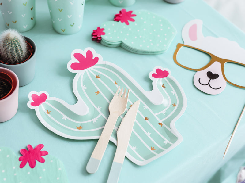 cactus shaped paper plates with pink accents and pink wooden cutlery