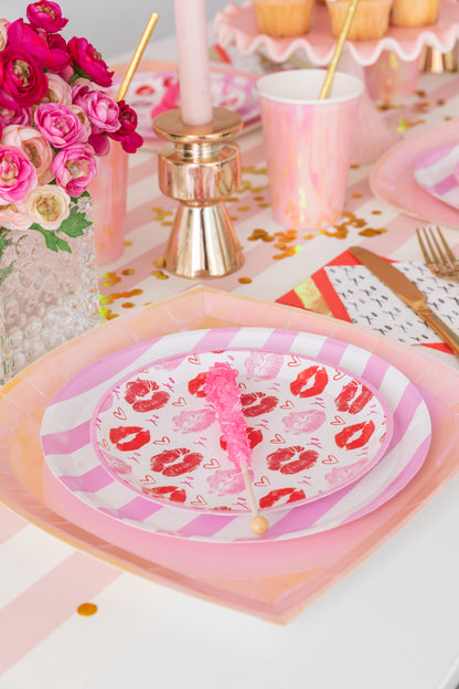 pink and white striped plates with lips plate