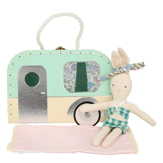 mini bunny with bathing suit in van style suitcase