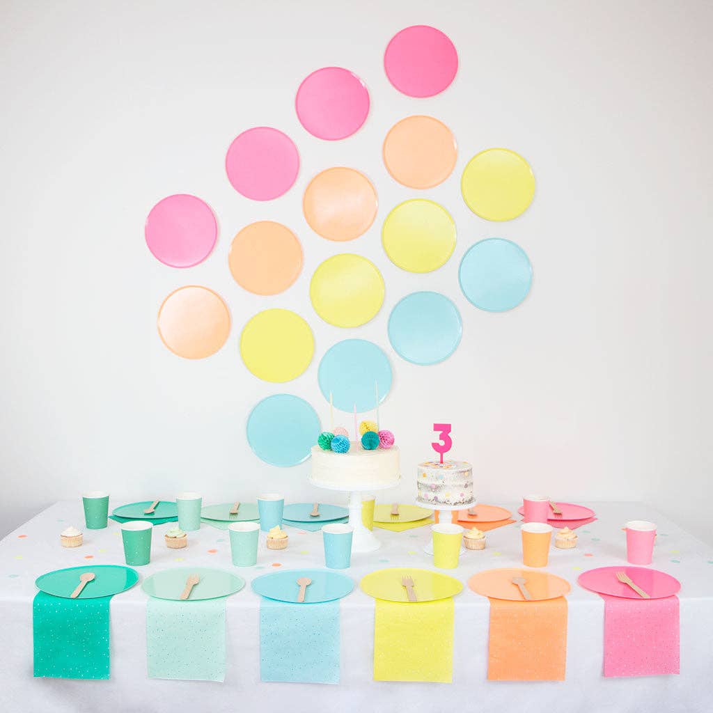 multi-coloured paper plate set up