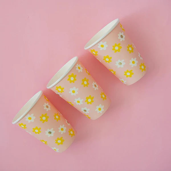 pink, yellow and white daisy cups