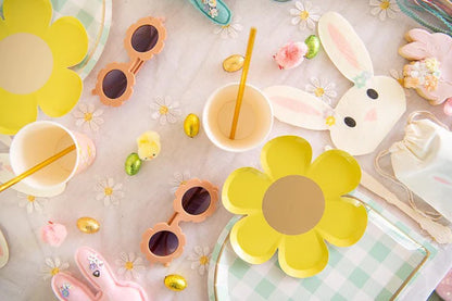 easter table setup with daisy plates