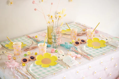 easter setup with daisy plates and cups