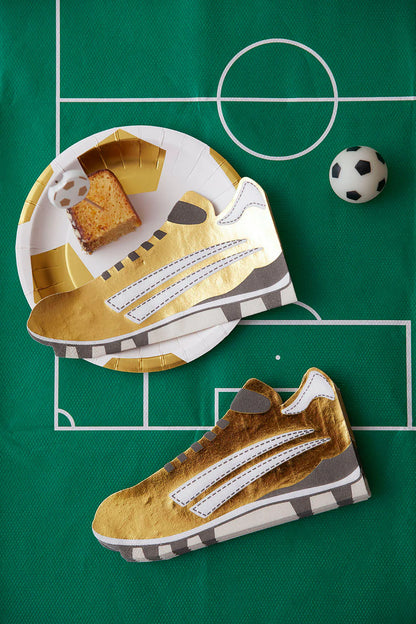 gold soccer cleat napkins with soccer shaped plate and soccer tablecloth