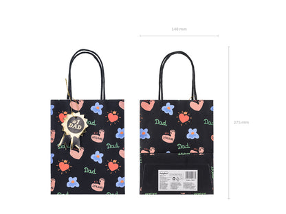 Front and back views of #1 Dad gift bag with measurements, featuring colourful design for Father’s Day gifts in Toronto.