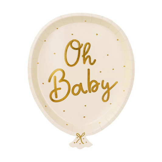 balloon shaped paper plate with oh baby message