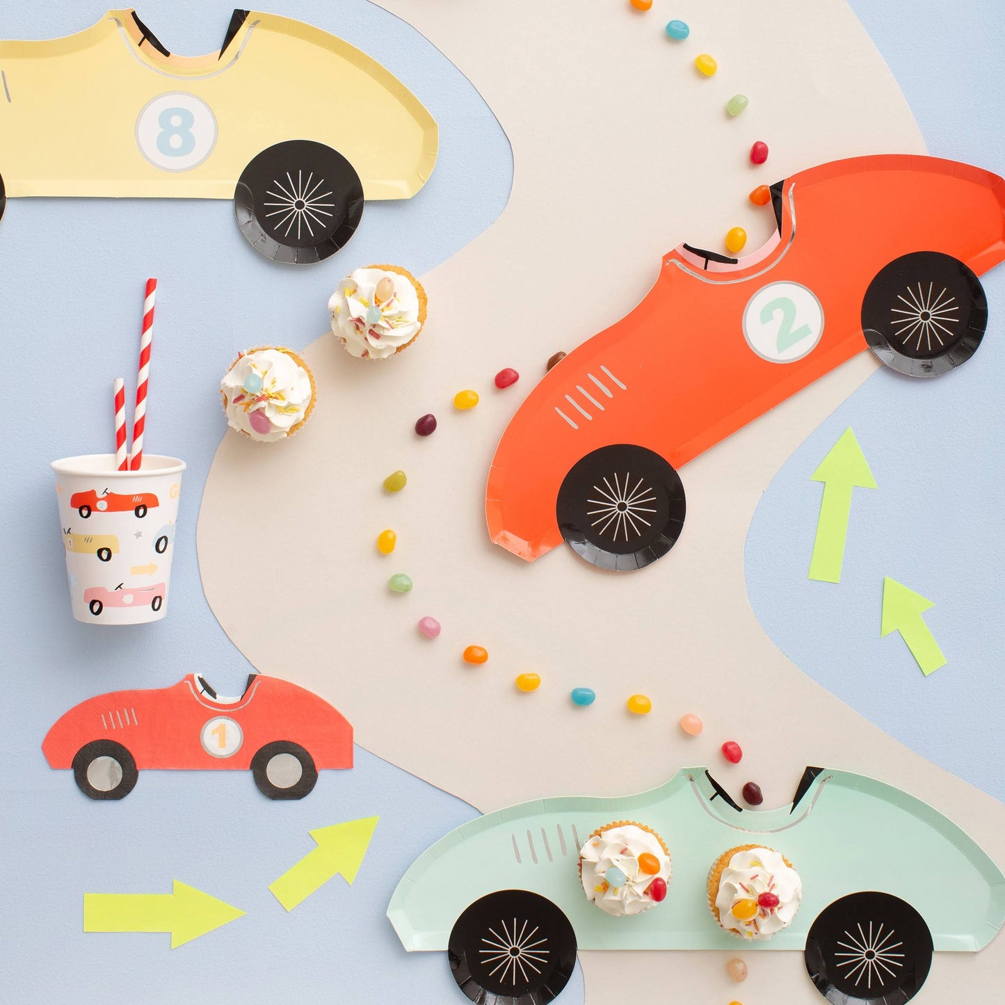race car themed tableware for children's birthday