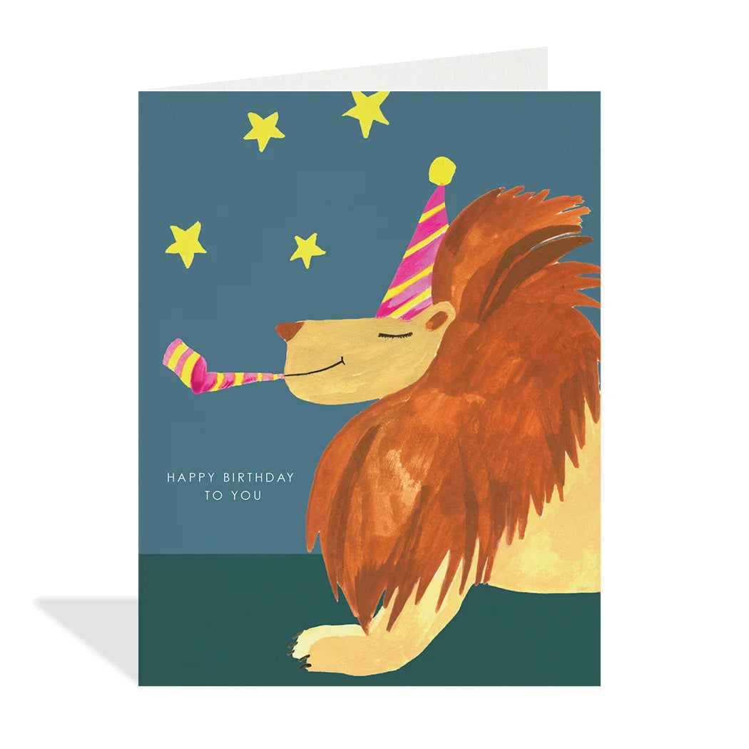 birthday card with lion design and message "happy birthday to you" on front