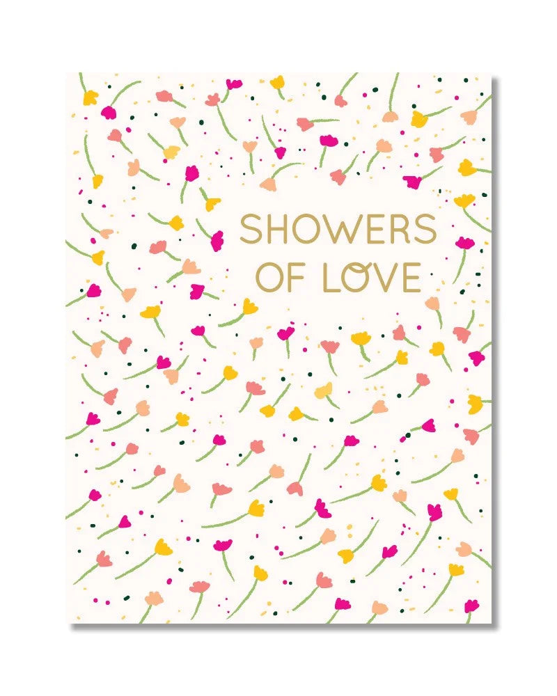 greeting card with flower illustrations and message "showers of love"