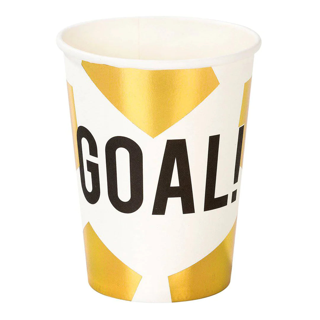 white and gold soccer themed cups
