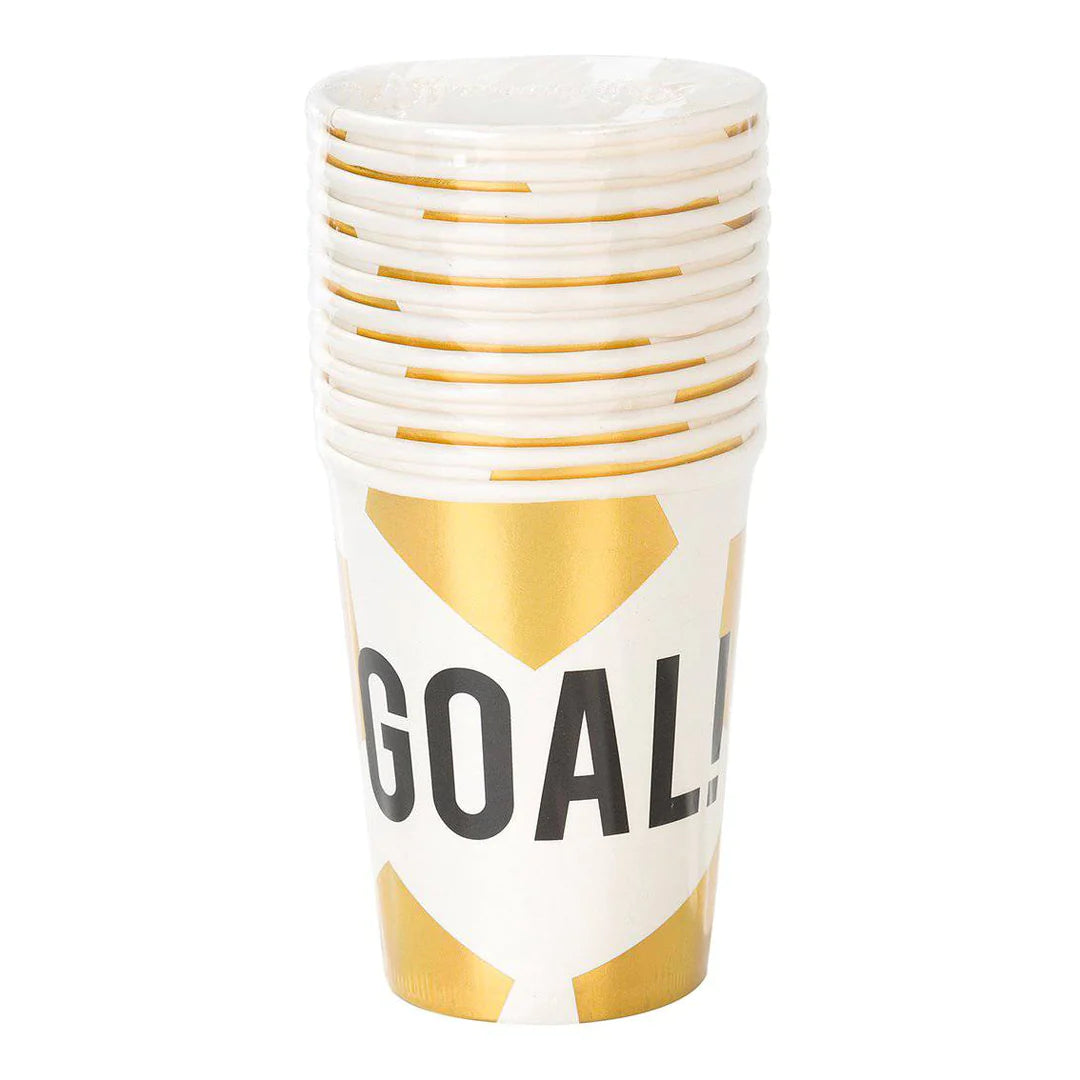 white and gold soccer themed cups