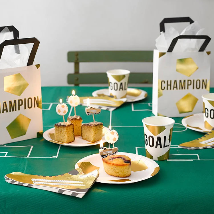 soccer themed birthday with gold and white soccer decor