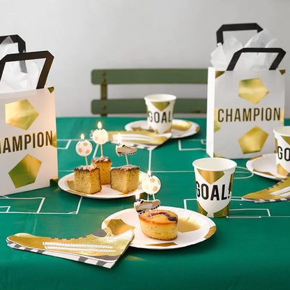 soccer themed birthday with gold and white soccer decor