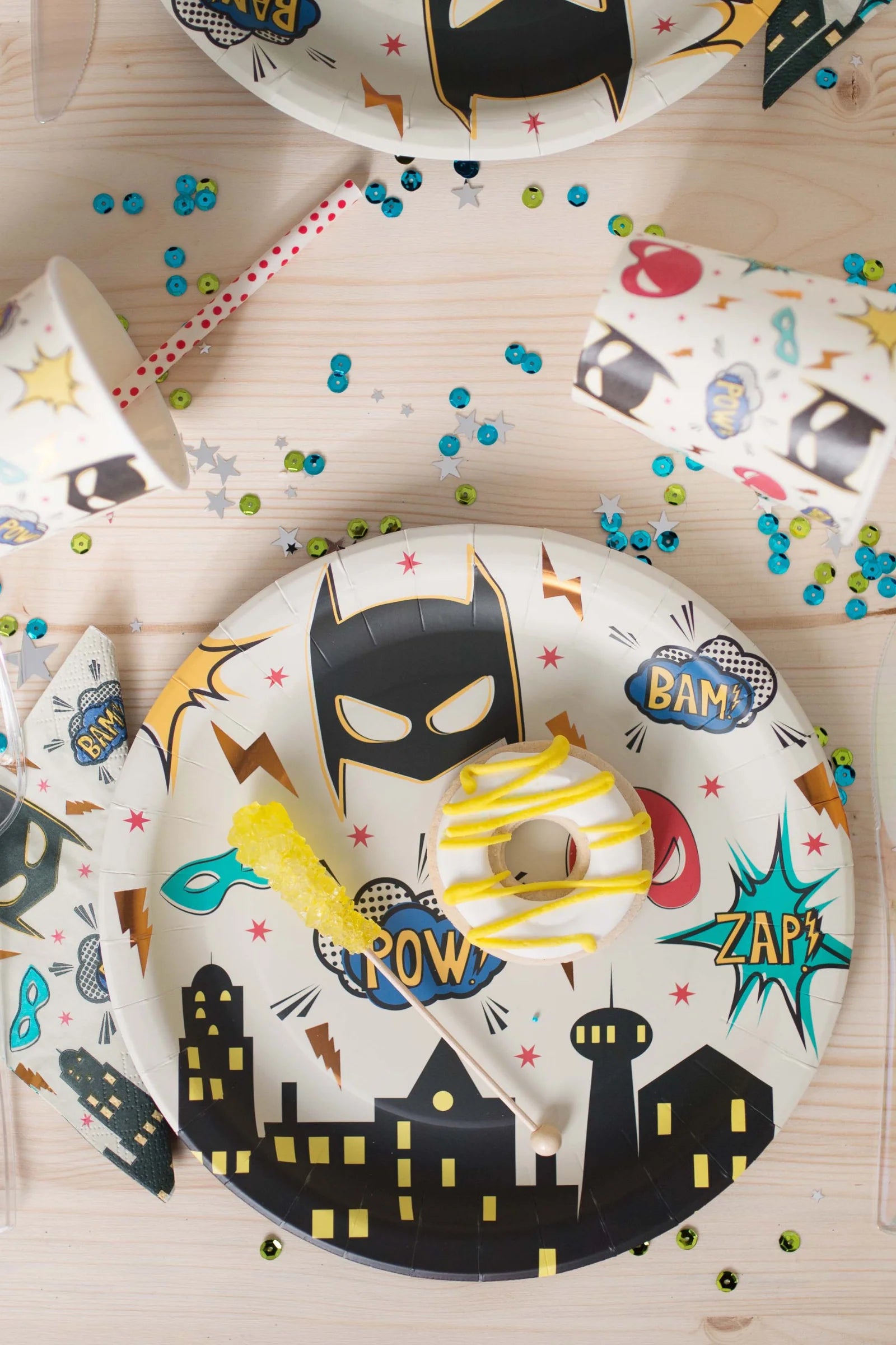 superhero themed dessert plates with batman mask