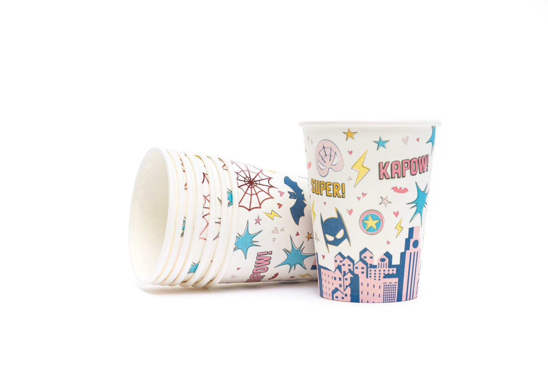 pink and navy superhero themed paper cups