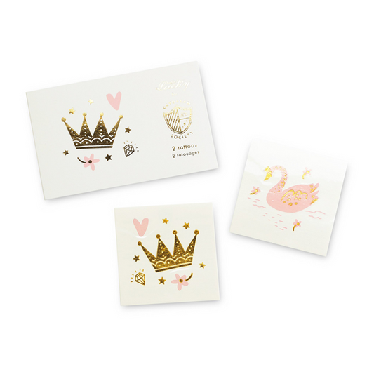 princess themed temporary tattoos featuring a crown and a swan