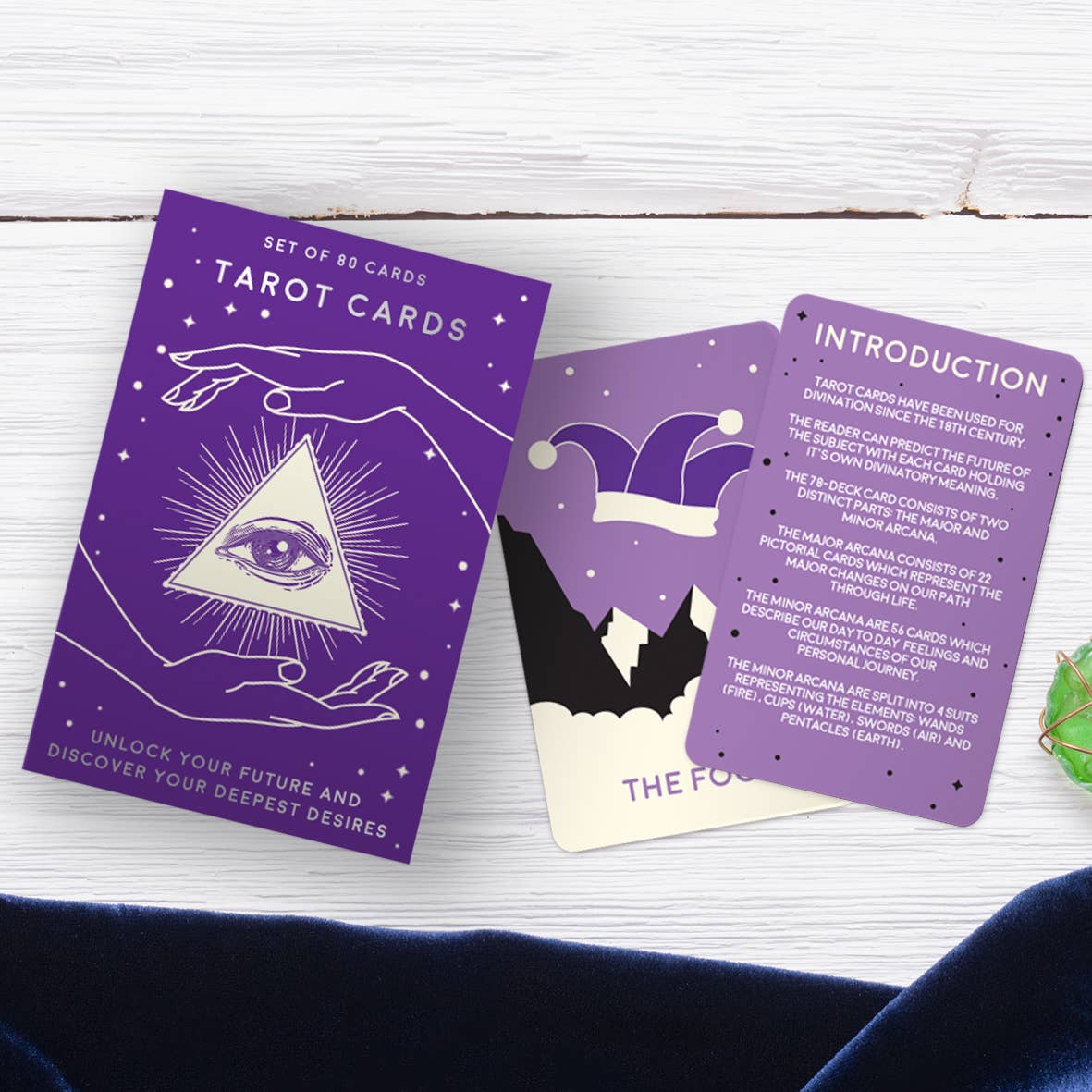purple tarot deck and cards