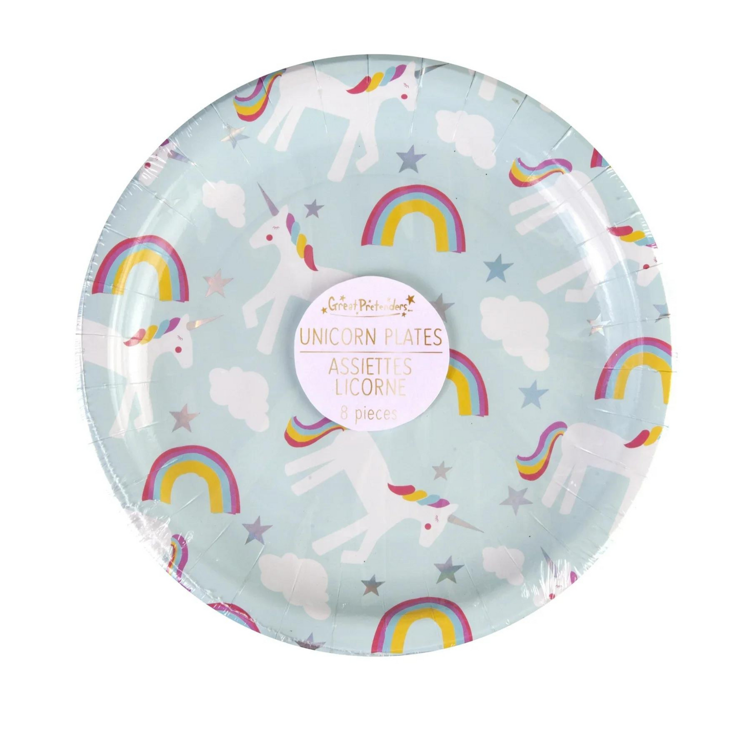 small blue paper plate with unicorn, cloud and rainbow illustrations