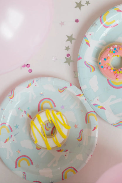 round unicorn paper plates with donuts