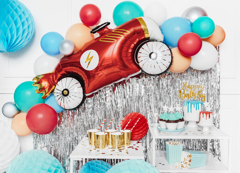 party inspiration for birthday with balloon garland and vintage car foil balloon