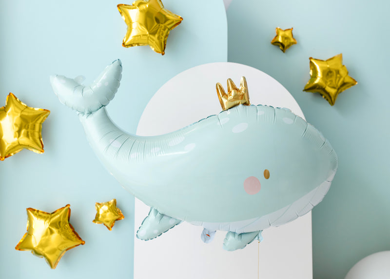 whale foil balloon with gold foil stars