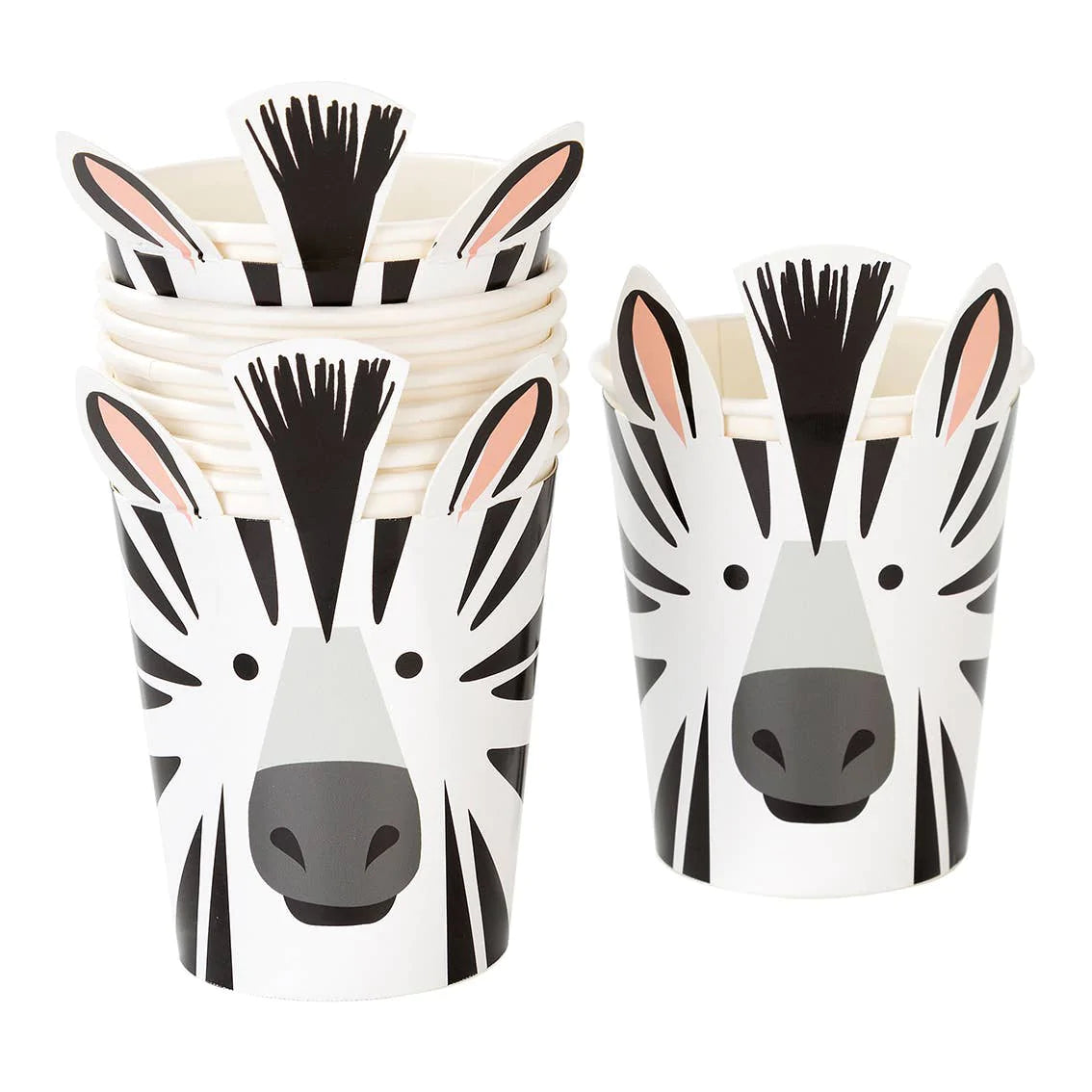 Set of zebra paper cups for kids’ jungle and safari-themed parties.